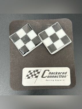 90s Porcelain Checkered Connection Earrings Black White Racing Clip On